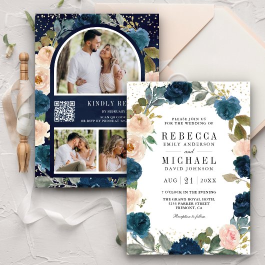 Navy Blue en Peach Floral Photo QR Code Weddenscha Kaart