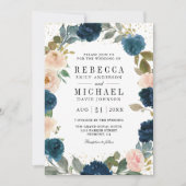 Navy Blue en Peach Floral Photo QR Code Weddenscha Kaart (Voorkant)