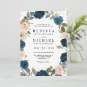 Navy Blue en Peach Floral Photo QR Code Weddenscha Kaart (Staand voorkant)