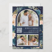 Navy Blue en Peach Floral Photo QR Code Weddenscha Kaart (Achterkant)
