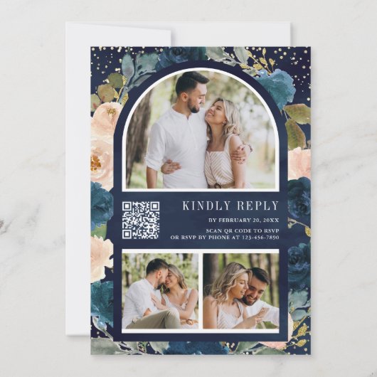 Navy Blue en Peach Floral Photo QR Code Weddenscha Kaart (Achterkant)
