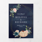 Navy Blue en Peach Floral Pumpkin Wedding Drieluik Uitnodiging (Cover)