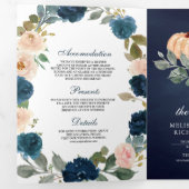 Navy Blue en Peach Floral Pumpkin Wedding Drieluik Uitnodiging (Binnenzijde eerst)
