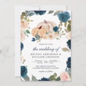 Navy Blue en Peach Floral Pumpkin Wedding Kaart (Voorkant)