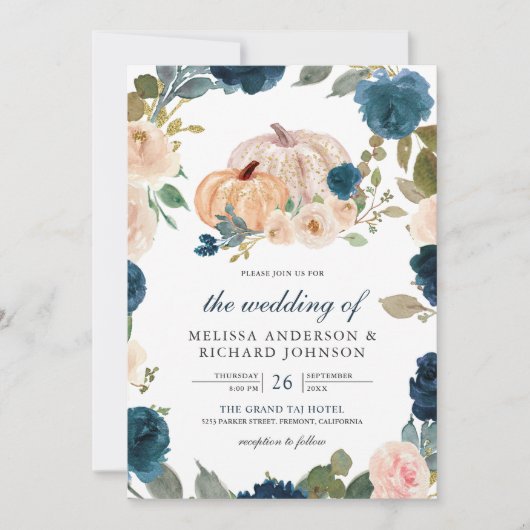 Navy Blue en Peach Floral Pumpkin Wedding Kaart (Voorkant)