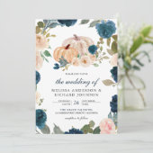 Navy Blue en Peach Floral Pumpkin Wedding Kaart (Staand voorkant)