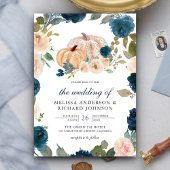 Navy Blue en Peach Floral Pumpkin Wedding Kaart