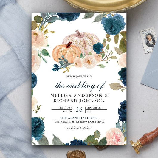 Navy Blue en Peach Floral Pumpkin Wedding Kaart