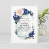 Navy Blue en Peach Floral  Verjaardag Kaart (Staand voorkant)
