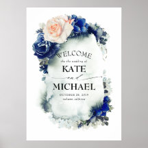 Navy Blue en Peach Floral Vintage Wedding Welcome