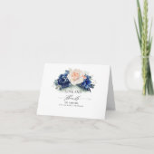 Navy Blue en Peach Floral Wedding Dank u Bedankkaart (Voorkant)