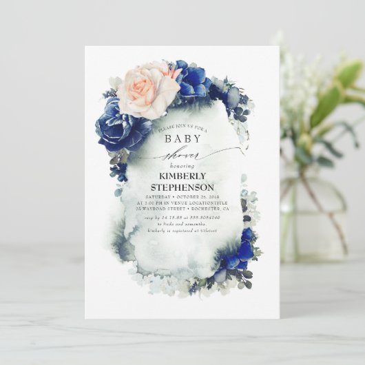 Navy Blue en Perzik Bloemen  Baby shower Kaart (Staand voorkant)