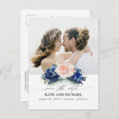 Navy Blue en perzik bloemen opslaan van de datum f Aankondigingskaart (Voorkant / Achterkant)