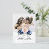 Navy Blue en perzik bloemen opslaan van de datum f Aankondigingskaart (Staand voorkant)