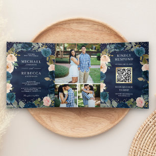 Navy Blue en Perzik Bloemige Foto QR Code Trouwen Drieluik Uitnodiging