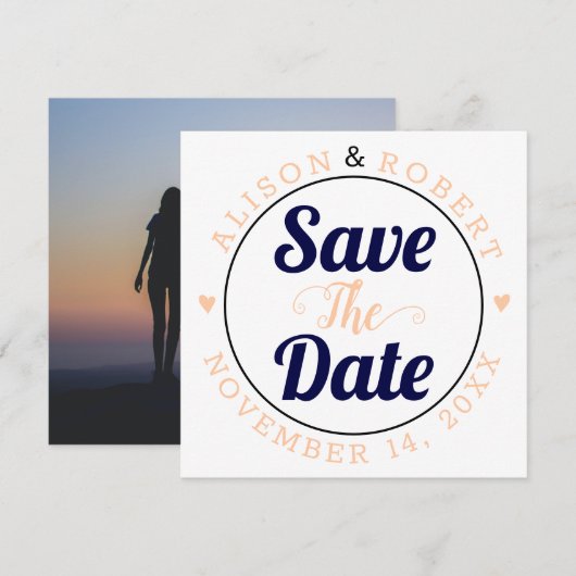 Navy blue en perziktypografie foto op de achterkan save the date (Voorkant / Achterkant)