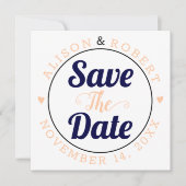 Navy blue en perziktypografie foto op de achterkan save the date (Voorkant)