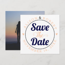 Navy blue en perziktypografie foto op de achterkan save the date