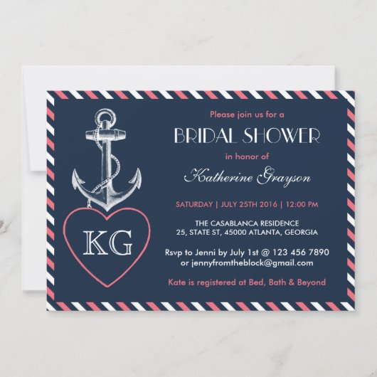 Navy Blue en Pink Anchor Love Shower Invitation Kaart (Voorkant)