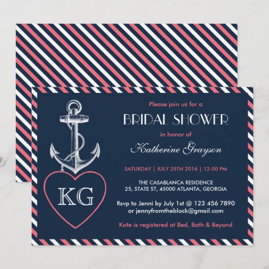 Navy Blue en Pink Anchor Love Shower Invitation Kaart (Voorkant / Achterkant)