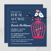 Navy Blue en Pink Bird Cage Lovevogels Uitnodiging (Voorkant / Achterkant)