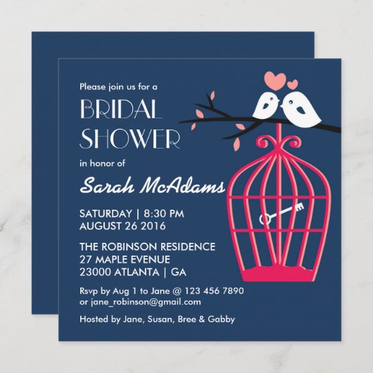 Navy Blue en Pink Bird Cage Lovevogels Uitnodiging (Voorkant / Achterkant)