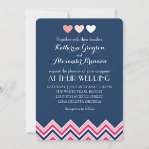 Navy Blue en Pink Chevron Wedding Invitation Love Kaart