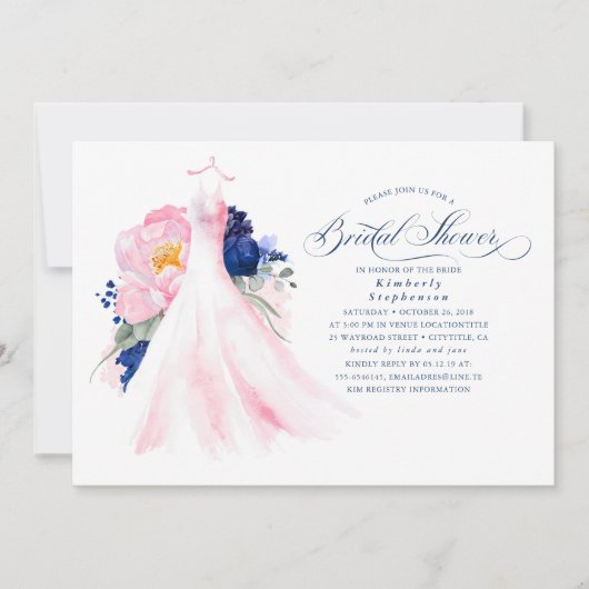 Navy Blue en Pink Floral Dress Vrijgezellenfeest Kaart (Voorkant)