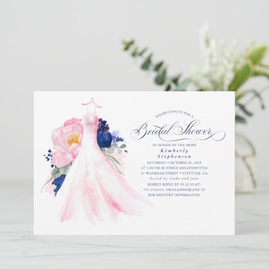 Navy Blue en Pink Floral Dress Vrijgezellenfeest Kaart (Staand voorkant)