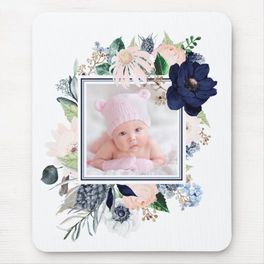 Navy Blue en Pink Floral met uw foto Muismat (Voorkant)