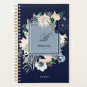 Navy Blue en Pink Floral | Naam en monogram Planner (Voorkant)