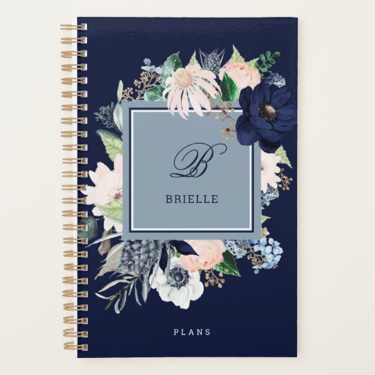 Navy Blue en Pink Floral | Naam en monogram Planner (Voorkant)