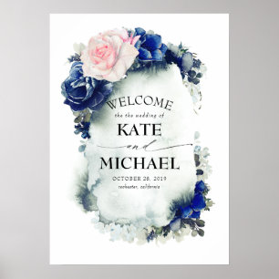 Navy Blue en Pink Floral Vintage Wedding Welcome Poster