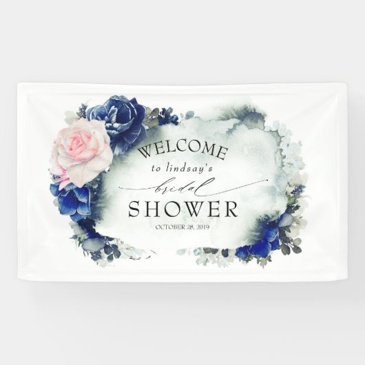 Navy Blue en Pink Floral Vrijgezellenfeest Spandoek (Horizontaal)
