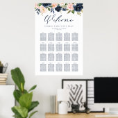 Navy Blue en Pink Floral Wedding Seating Chart Poster (Thuiskantoor)