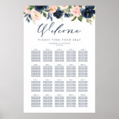 Navy Blue en Pink Floral Wedding Seating Chart Poster (Voorkant)