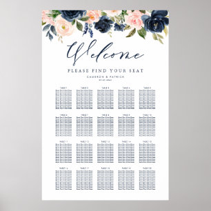 Navy Blue en Pink Floral Wedding Seating Chart Poster