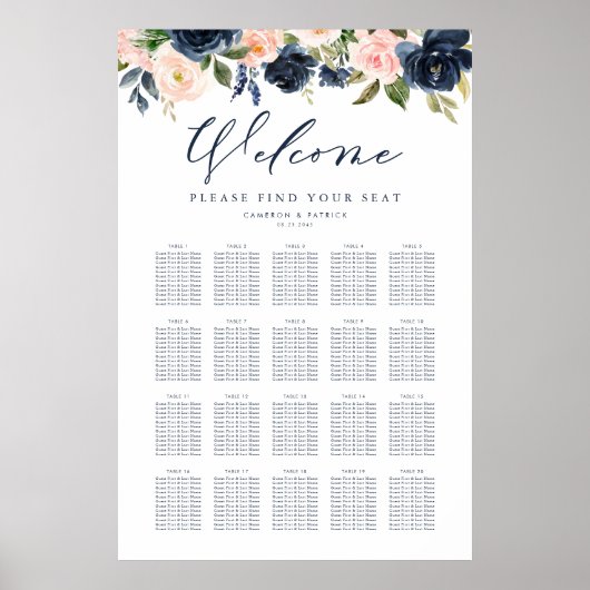 Navy Blue en Pink Floral Wedding Seating Chart Poster (Voorkant)