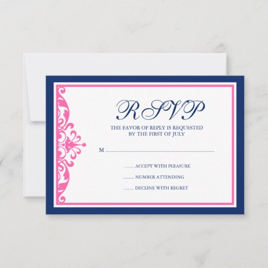 Navy Blue en Pink Flourish Response Card RSVP Kaartje (Voorkant)
