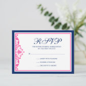 Navy Blue en Pink Flourish Response Card RSVP Kaartje (Staand voorkant)