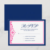 Navy Blue en Pink Flourish Response Card RSVP Kaartje (Voorkant / Achterkant)