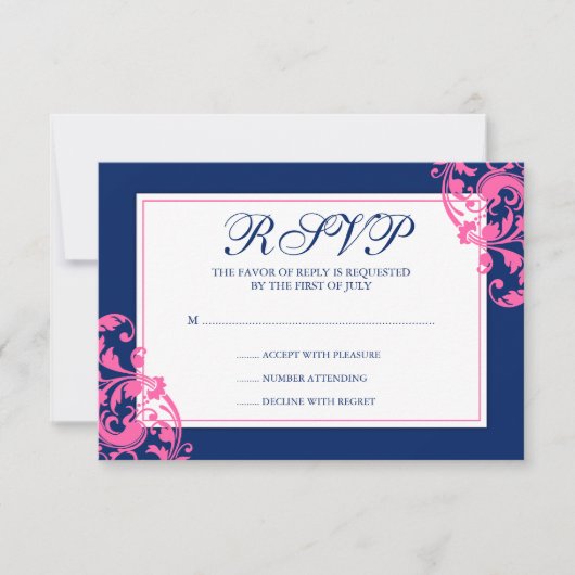 Navy Blue en Pink Flourish Swirls Response Card RSVP Kaartje (Voorkant)
