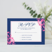 Navy Blue en Pink Flourish Swirls Response Card RSVP Kaartje (Staand voorkant)