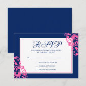 Navy Blue en Pink Flourish Swirls Response Card RSVP Kaartje (Voorkant / Achterkant)