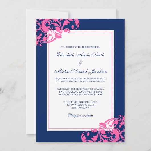 Navy Blue en Pink Flourish Swirls Wedding Kaart (Voorkant)