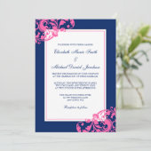 Navy Blue en Pink Flourish Swirls Wedding Kaart (Staand voorkant)