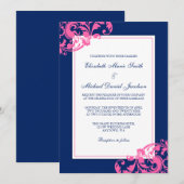 Navy Blue en Pink Flourish Swirls Wedding Kaart (Voorkant / Achterkant)