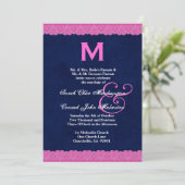 Navy Blue en Pink Lace Monogram Wedding G112 Kaart (Staand voorkant)