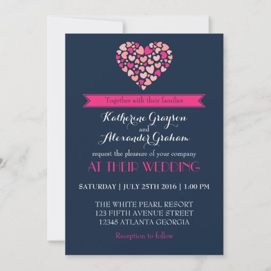 Navy Blue en Pink Love Heart Wedding Invitation Kaart (Voorkant)