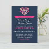 Navy Blue en Pink Love Heart Wedding Invitation Kaart (Staand voorkant)